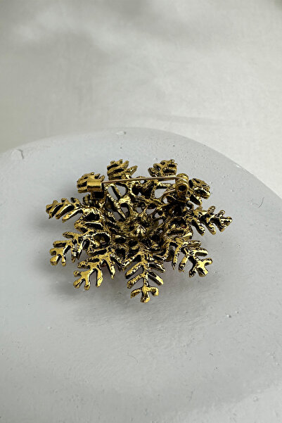 Modex Yılbaşı Özel Taşlı Altın Rengi Kar Tanesi Broş (4cm)