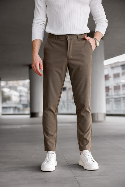 Ser Joven Ανδρικό εφαρμοστό Καφέ ελαστικό ύφασμα Λινό Παντελόνι