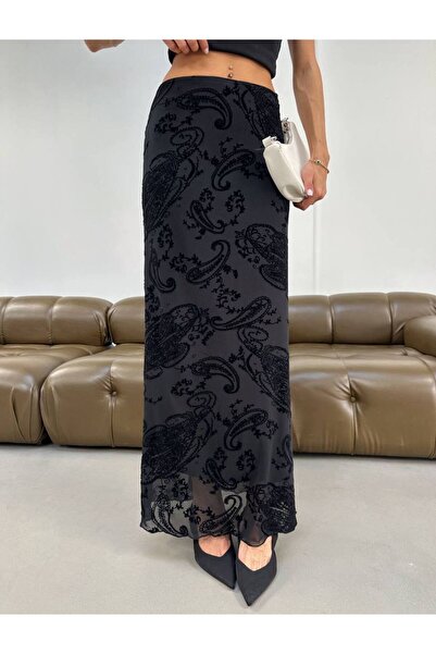 BUSEM Günlük ve Şık Desenli Etek-Siyah