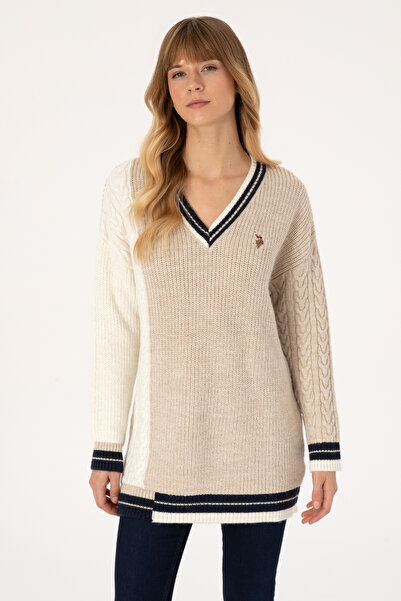 U.S. Polo Assn. سترة نسائية كريمية بياقة على شكل حرف V 50309873-VR256