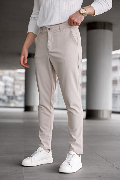 Ser Joven Erkek Slim Fit Bej Likralı Keten Pantolon
