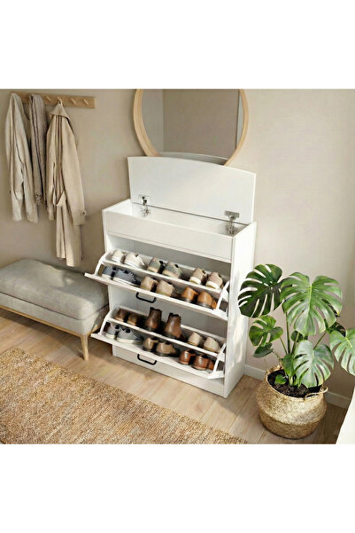 vesso 2 Kapaklı, 4 Raflı Beyaz Modern Ayakkabılık | Menteşeli Sandıklı Portma...