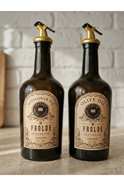 Frolde Ahşap Stantlı 2'li Amber Gold Tıpalı 500 Ml Cam Ayçiçek Yağı Zeytinyağı Şişesi Yağdanlık