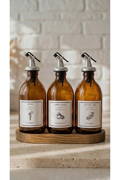 Frolde Home Meftune Oval Ahşap Stantlı Amber Zeytinyağı Limon Suyu Sirke Şişe...