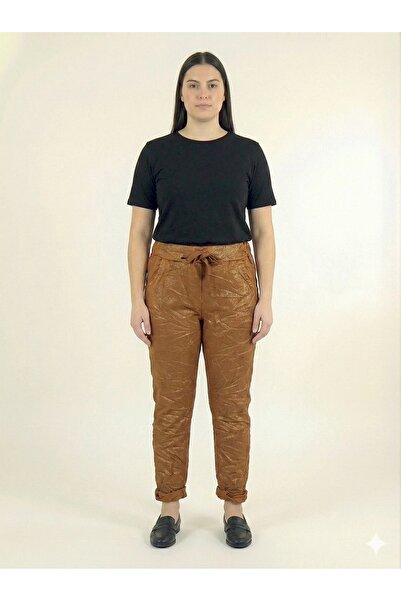 della moor Women's Orange Italian Gilded Shiny Pattern Stretch Fabric Pants