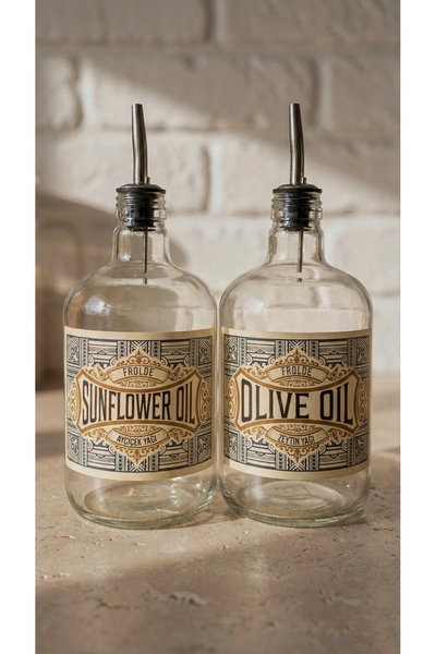 Frolde 2'li Şeffaf Çelik Tıpalı 750Ml Cam Ayçiçek Yağı Zeytinyağı Şişesi Yağdanlık Vintage Retro