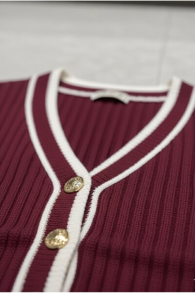 YusGos Women's Striped Knitwear Cardigan Pleated Mini Skirt College Top and Bottom Set Burgundy S