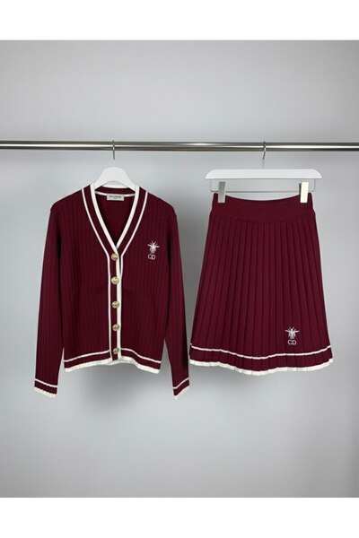 YusGos Women's Striped Knitwear Cardigan Pleated Mini Skirt College Top and Bottom Set Burgundy S