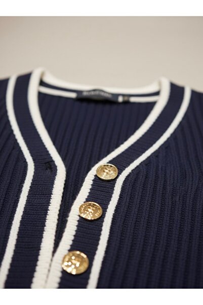 YusGos Women's Striped Knitwear Cardigan Pleated Mini Skirt College Top and Bottom Set Navy Blue