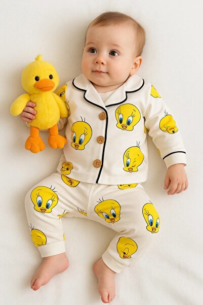 DEFNE LİNA BABY 100% Cotton Double Breasted Collar Front Buttoned Comfortable Fit Unisex Seasonal Baby Pajama Set