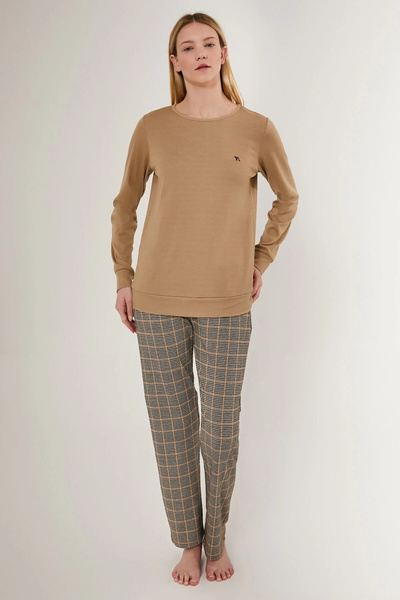Arnetta Λεπτομερές σετ πιτζάμες με μακρυμάνικο γυναικείο ανοιχτό καφέ