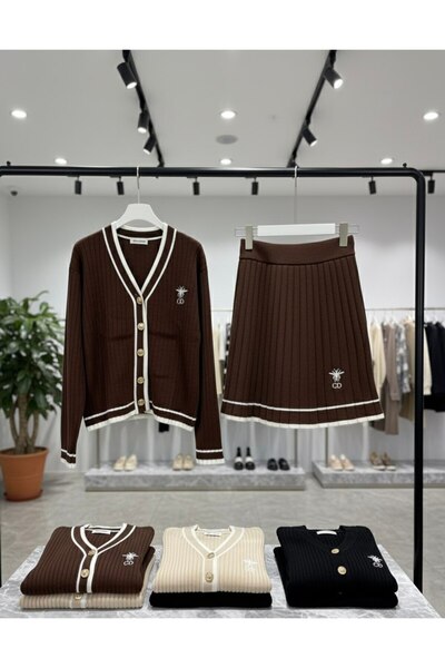 YusGos Women's Striped Knitwear Cardigan Pleated Mini Skirt College Bottom Top Set Brown XS