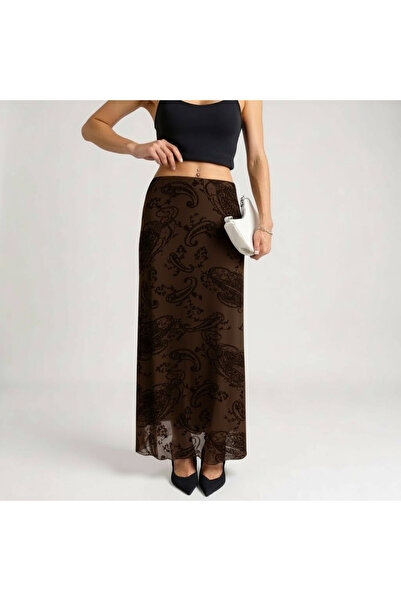 BUSEM Günlük ve Şık Desenli Etek-Kahve