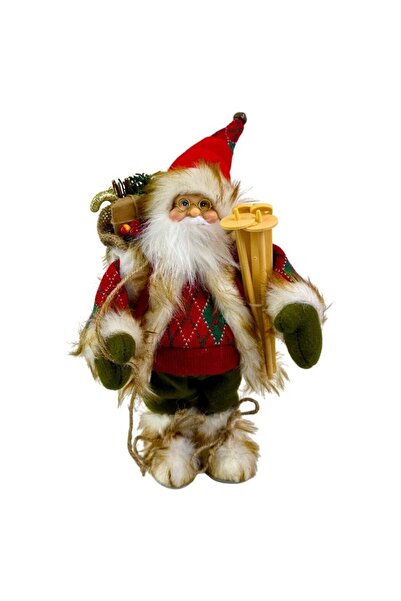 velve Mos Craciun animat care canta si danseaza, cu schiuri și sac festiv cu cadouri, 35 cm, Rosu-Verde