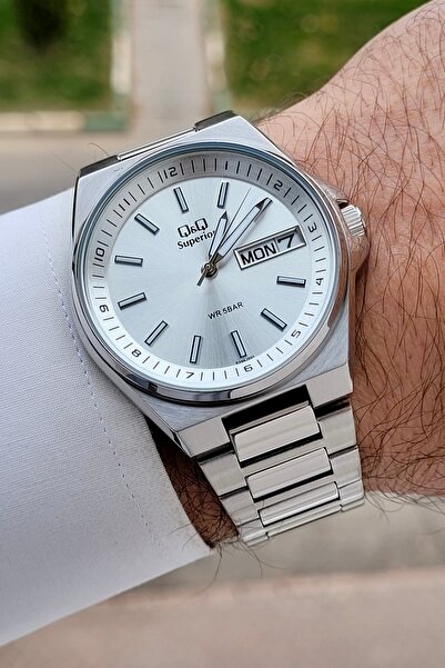 Q&Q Gümüş Renk 40 mm İç Göstergeleri Aktif Paslanmaz Çelik Erkek Kol Saati