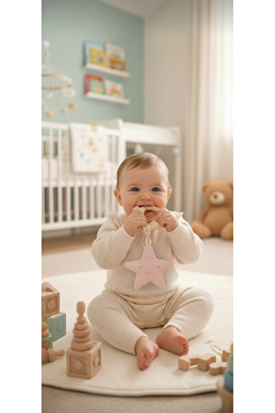 O&G Collection Yıldız %100 Pamuklu Müslin Oyuncaklı Doğal Ahşap Diş Kaşıyıcı ...