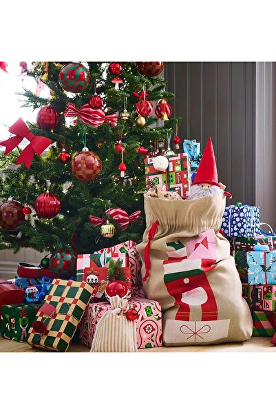 IKEA Yılbaşı Hediye Çuvalı Yükseklik 90 Cm İpli Hediye Çantası Desenli Hediye Kesesi Jüt Çanta Çuval