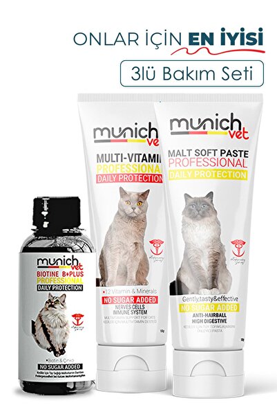 Munich Vet Kedi 3'lü Seti Tüy Sağlığı Damlası + Malt Pasta + Multi Vitamin Pasta Munich Set