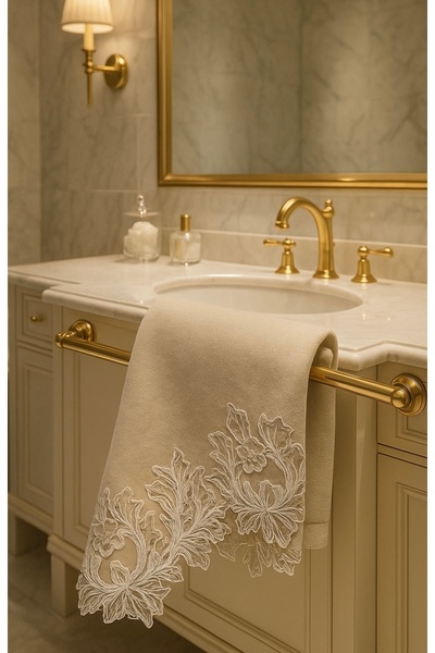 Çeyiz Bahçesi Βελούδινη πετσέτα χεριών Sarem Brushless Laced Cappuccino