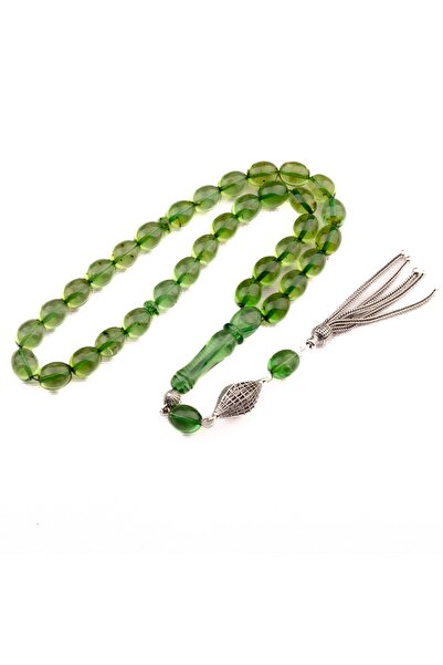 Burhan Sağlam Beyzi Kesim 11x8 mm Yeşil Dominik Damla Kehribar Gümüş Püsküllü...