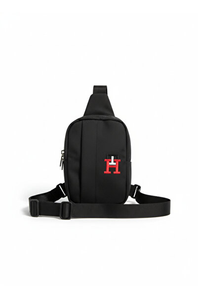 ÇANTA Aspect de piele neagră, unisex, geantă laterală pentru piept, cu compartiment pentru căști USB pentru telefonul mobil