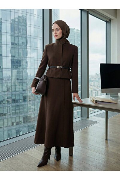 Refka Διπλό Σετ Φούστα και Μπουφάν με Λεπτομέρεια Ζώνης - Πικρό Καφέ -