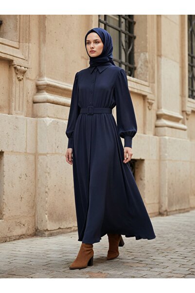 Refka Φόρεμα Τεσσέτρου με λεπτομέρεια από υφασμάτινη ζώνη - Ναυτικό μπλε -