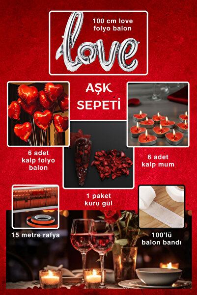 SkyPop 6'lı Aşk Sepeti, Kalpli ve Love Yazı Folyo Balon, Kalpli Mum, Gül Kuru...
