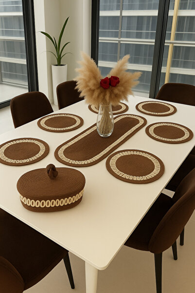 Metasupla 6’lı Supla 1 Runner 1 Kapaklı Örgü Ekmek Sepeti Seti Krem Kahve Des...