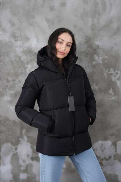 MontClup Regular Women's Black Puffer Jacket Hooded