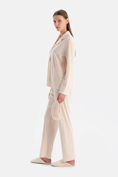 Eros Light Pink Travel Ribbed Velvet Shirt Pants Pajama Set