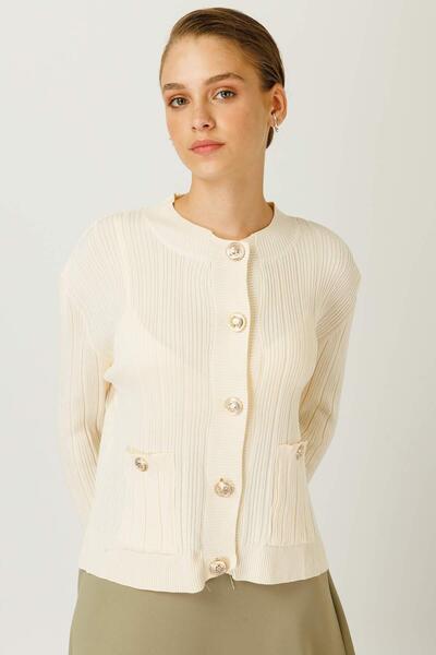 Hooopstore Πλεκτή ζακέτα με κουμπιά - Κρεμ