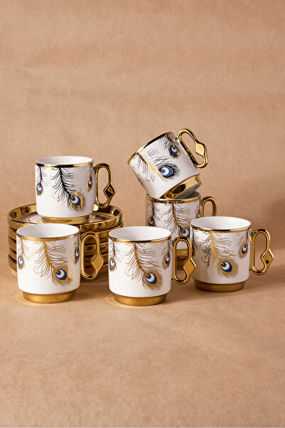 Perotti Cihangir 6-Person Porcelain Peacock Pattern Coffee Cup Set