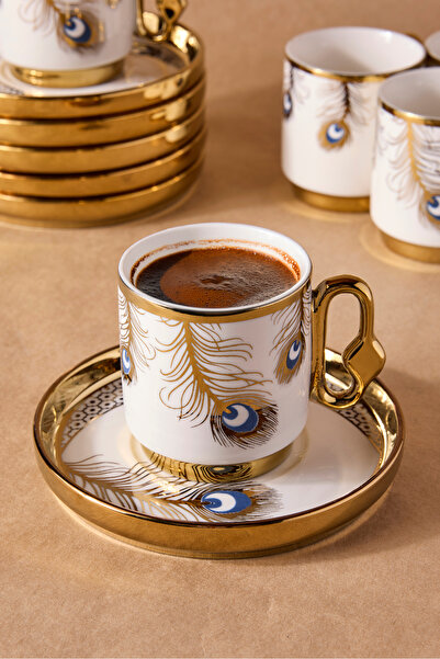Perotti Cihangir 6-Person Porcelain Peacock Pattern Coffee Cup Set