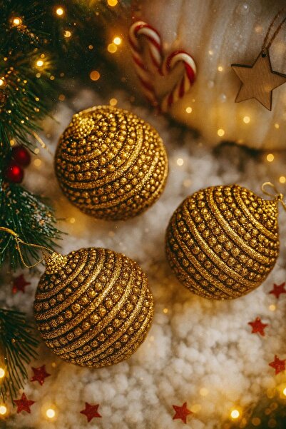 Derin Düşler Yılbaşı Çam Ağaç Süsü Gold Altın Hasır Ip Motifli Top Süs 8 Cm 3 Lü Paket