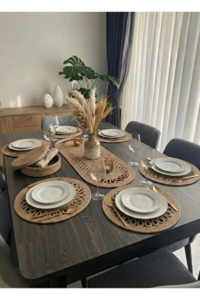 Dosade Lüks Jüt Hasır Supla Runner Takımı | 6+1 Yuvarlak Amerikan Servis Seti Kapaklı Sepet Hediye