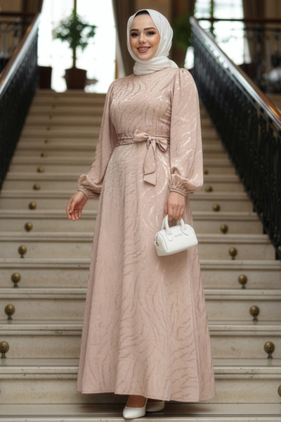 N.S NEVA STYLE Patterned Biscuit Hijab Evening Dress 23273Bs