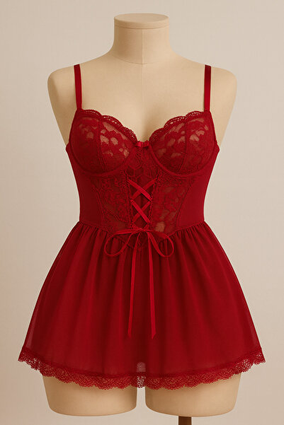 LİBELLA İÇ GİYİM Γυναικείο Σετ Babydoll και εσώρουχο με κορδόνια σε κόκκινο-μπορντό χρώμα