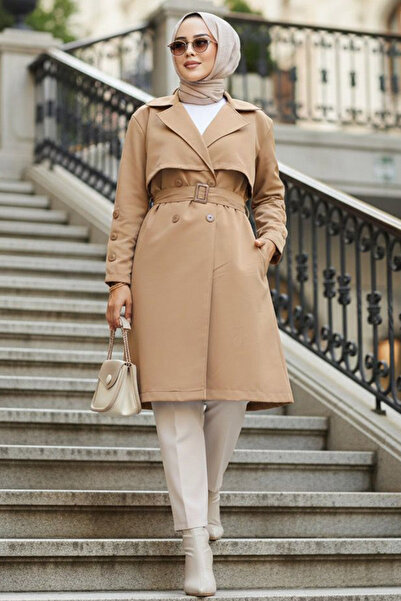 Neva Style Καμπαρντίνα Hijab με ζώνη Camel - 61171C