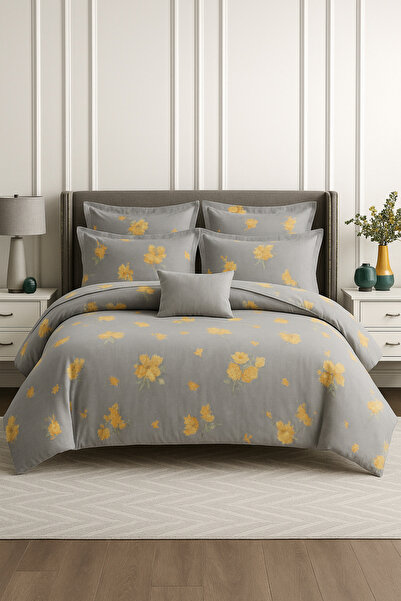 Casa Pucioasa 6 Piece Bed Linen - High Class Special Cotton, Floral Grey Pattern,