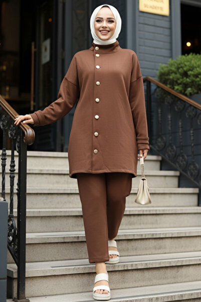 Neva Style Καφέ Hijab Διπλό Σετ - Κουμπιά, 12391KH