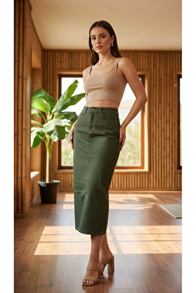 Dema Fusta din denim kaki din bumbac pentru femei