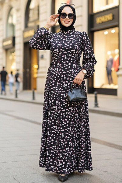 Neva Style Чорна сукня з хіджабом - з квітковим візерунком, модель 61071S