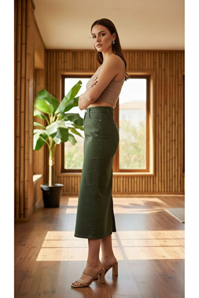 Dema Fusta din denim kaki din bumbac pentru femei