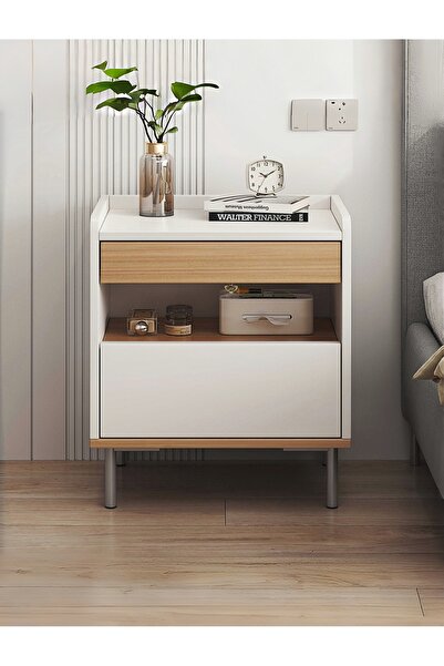 Venpara Bedside Table with Fence Design & 3-Storage Spaces, Sturdy Nightstand...