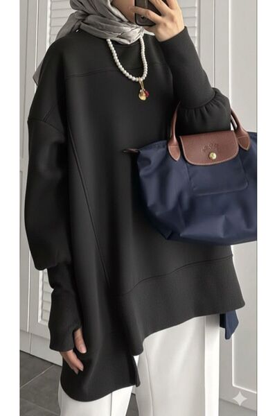 onlymoon Μαύρο φούτερ oversized με κορδόνια ◆   Βαμβάκι 3 κλωστών ◆   Άνετο Χιτζάμπ Καθημερινό Στυλ