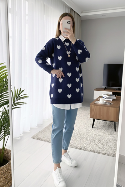 MODAQU Shardonlu Heart Patterned Soft Sweater - Navy Blue