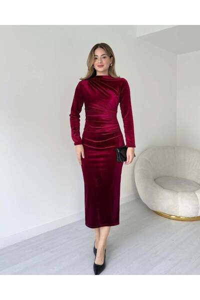 Ekince Γυναικείο μακρυμάνικο φόρεμα με λεπτομέρεια από βελούδινο ύφασμα μεσαί...