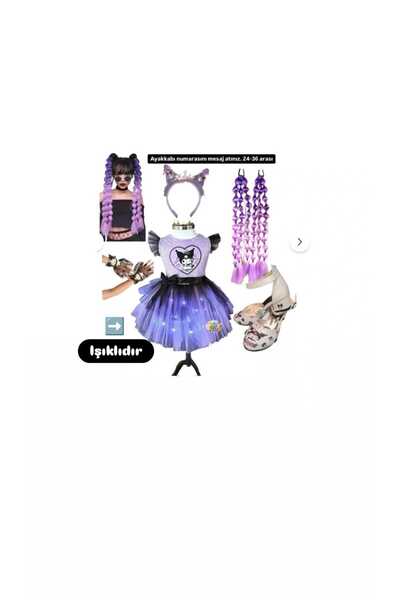 3b kids kuromi ışıklı elbise kostüm kuromi bubble saç kuromi eldiven kuromi t...