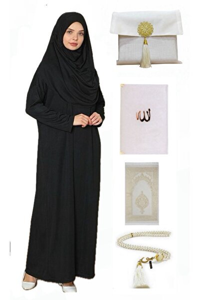 medipek طقم صلاة طقم صلاة مع حقيبة فستان صلاة أسود + سجادة صلاة + سبحة صلاة لؤلؤ + ياسين
